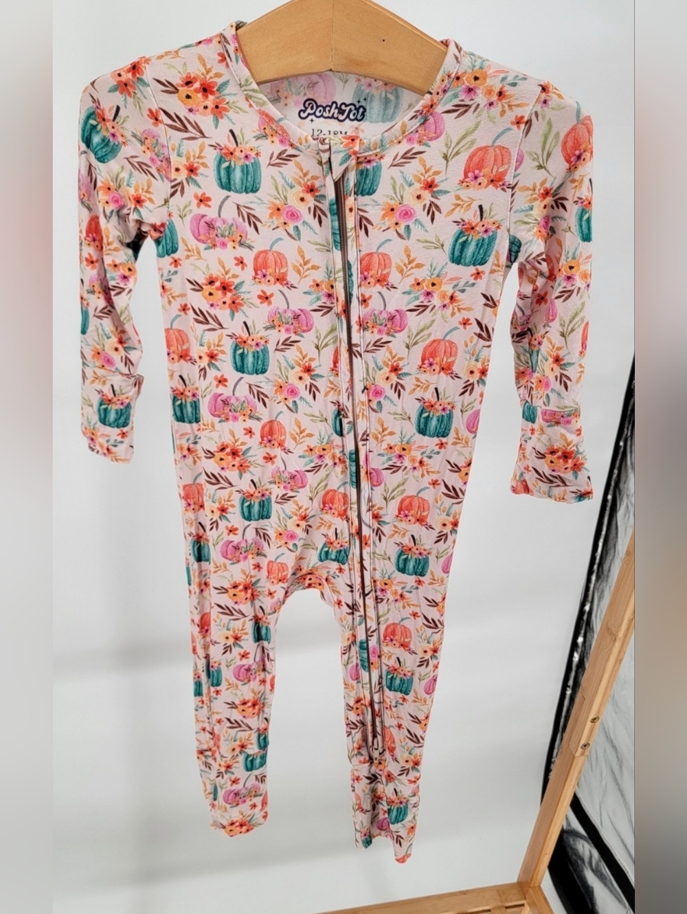 Posh Tot Bamboo Fall Thanksgiving Pumpkin Floral Convertible Pajamas 12-18M